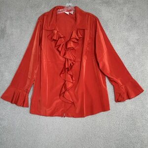 Roamans Button Front Blouse Womens 22W Rust Red Y2K Ruffle‎ Romantic Casual